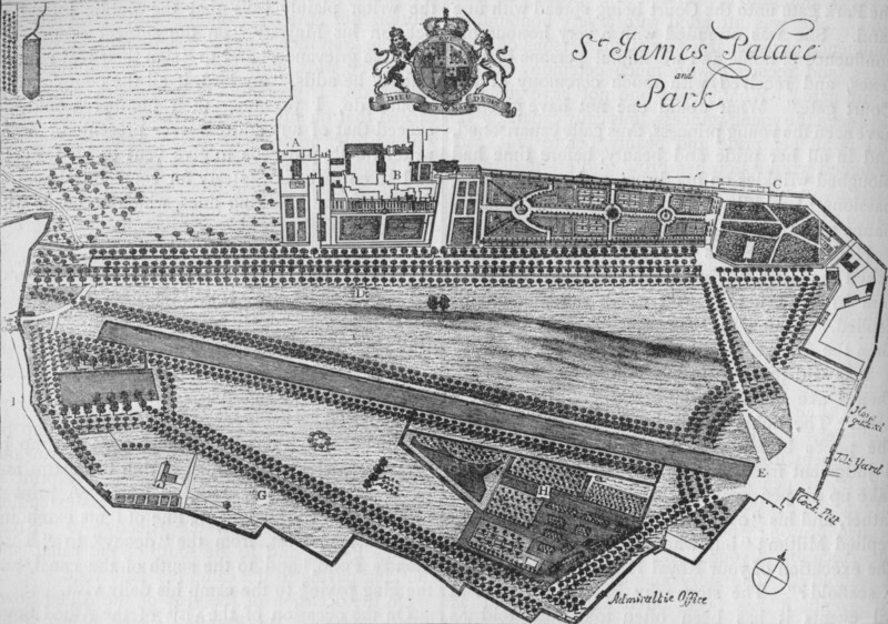 Plan of St James's Palace and Park in the time of Charles II, c1700 (1878). Artist: Unknown.