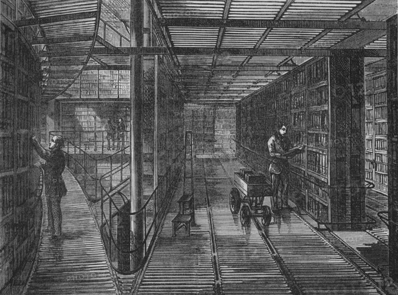 The bookcases at the British Museum, Bloomsbury, London, c1875 (1878). Artist: Unknown.