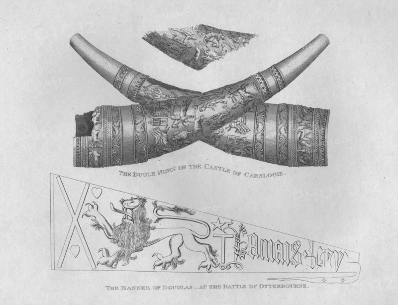 'The Bugle Horn of the Castle of Carslogie' & 'The Banner of Douglas at the Battle of Otterbourne',  Artist: John Greig.