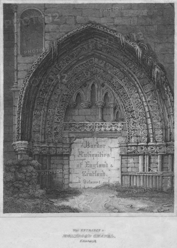 'West Entrance to Holyrood Chapel, Edinburgh', 1814. Artist: John Greig.