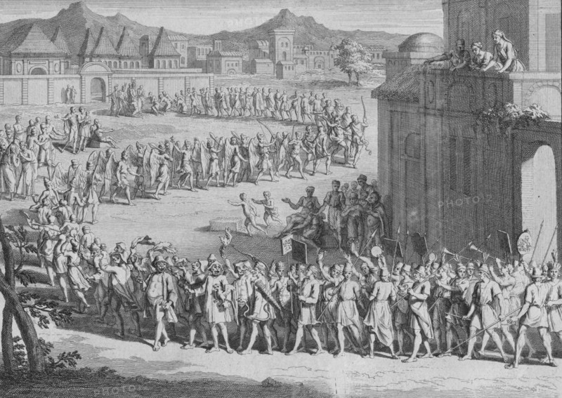 'L'Yncas vient recevoir les Orfrandes que ses Sujets font au Soleil', c1723. Artist: Unknown.