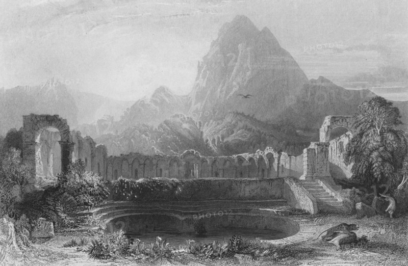 'Temple & Fountain at Jagwhan', c19th century. Artist: James Redaway.
