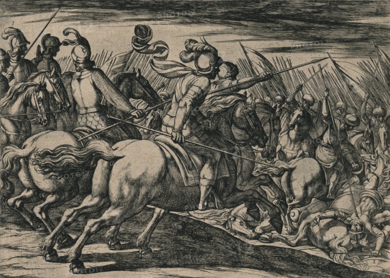 'Los 200 cavalleros compañeros de los siete Infantes, cercados de la muchedumbre de los Moros ...',  Artist: Unknown.