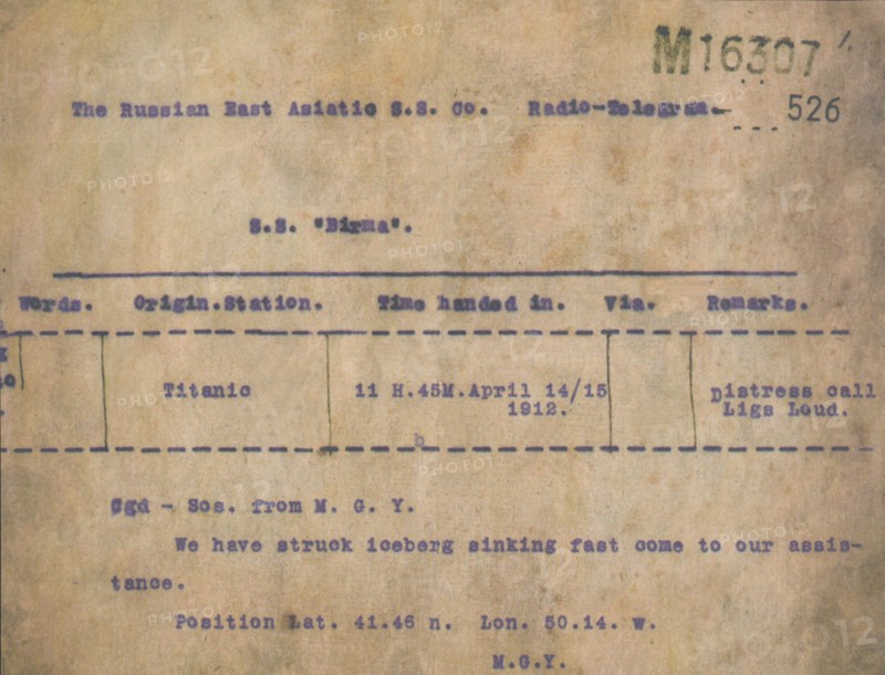 Titanic - Iceberg Telegram, 1912. Artist: Unknown.