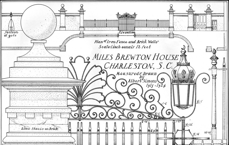 Plan of iron fence and brick walls, Miles Brewton House, Charleston, South Carolina, 1926. Artist: Albert Simons.