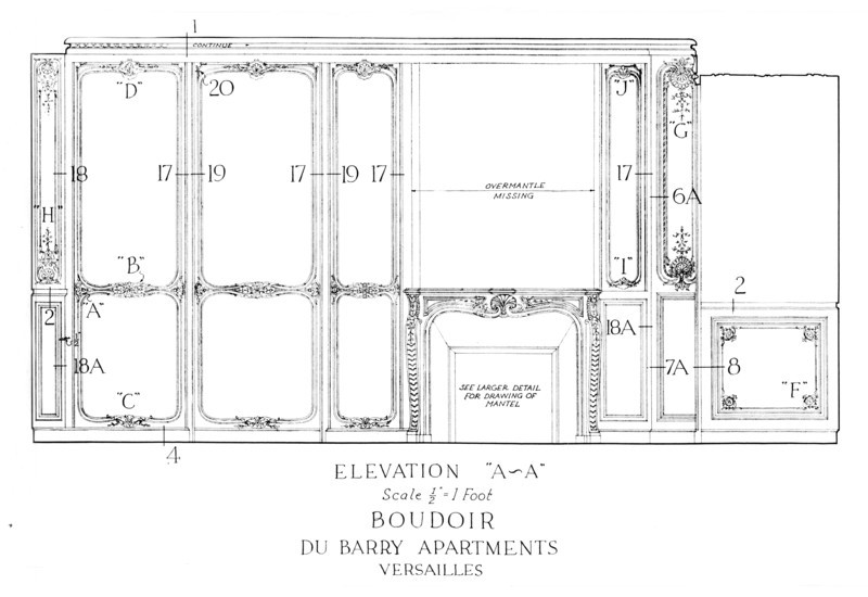 Elevation of the boudoir, Du Barry Apartments, Versailles, 1926. Artist: Unknown.