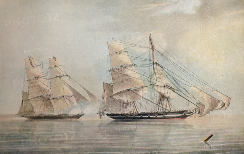 'Black Joke engaging the Spanish Slave Brig El Almirante, 1 February 1829', 1830. Artist: Edward Duncan.