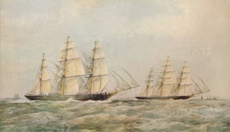 'The Great China Race. The Clipper Ships Taeping and Ariel passing the Lizard, Cornwall, 1866. Artist: Thomas Goldsworth Dutton.