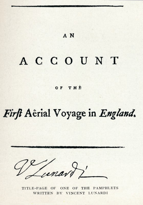 'Title-Page of one of the Pamphlets written by Vincent Lunardi', 1786, (1910). Artist: Vincenzo Lunardi.