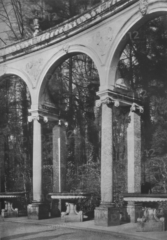 Detail of colonnade and fountains, Temple of Music, Versailles, France, 1924. Artist: Unknown.