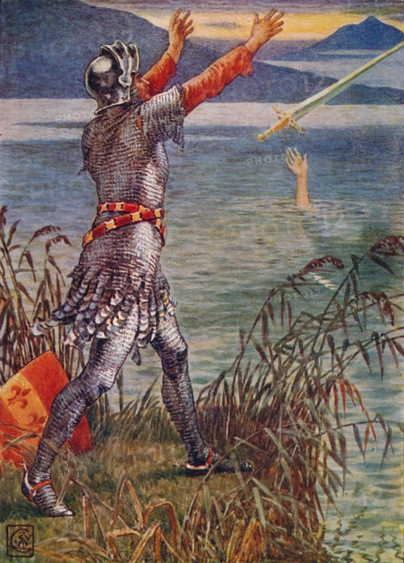'Sir Bedivere casts the sword Excalibur into the Lake', 1911.  Artist: Walter Crane.