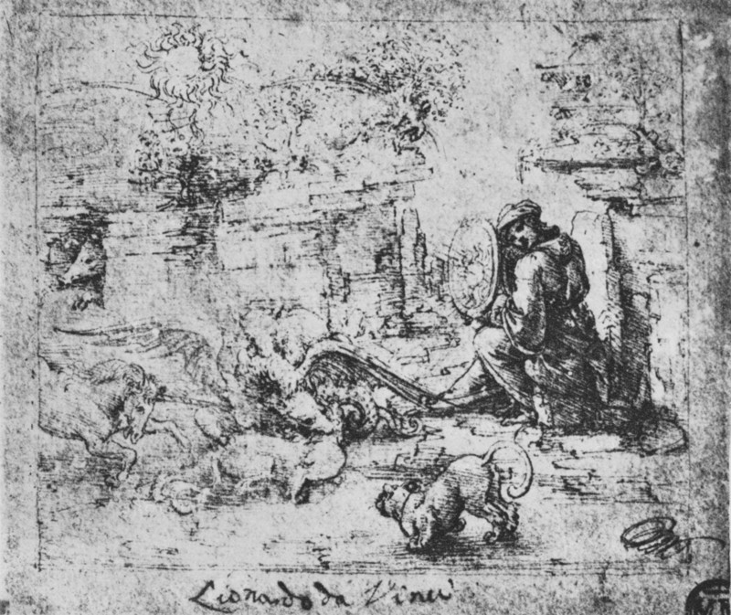 'Allegory: Animals Fighting and a Man with a Burning-Glass', c1480 (1945). Artist: Leonardo da Vinci.