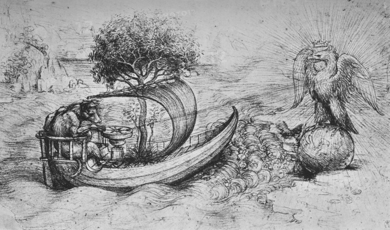 'Allegory: A Crowned Eagle Standing on a Globe and a Wolf Steering a Boat', c1480 (1945). Artist: Leonardo da Vinci.