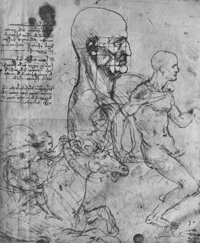 'Profile of a Man Squared for Proportion and Studies of Horsemen', c1480 (1945). Artist: Leonardo da Vinci.