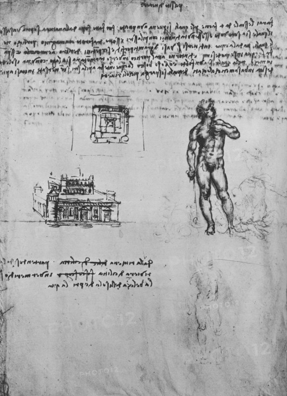'Two Studies of a Nude Figure and the View and Plan of a Building', c1480 (1945). Artist: Leonardo da Vinci.