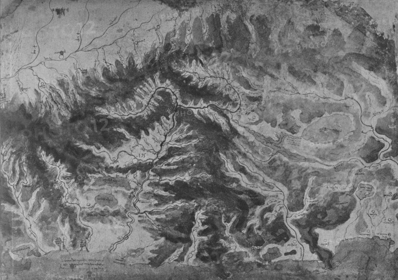 'Map of Northern Italy, Showing the Watershed of the Arno', c1480 (1945). Artist: Leonardo da Vinci.
