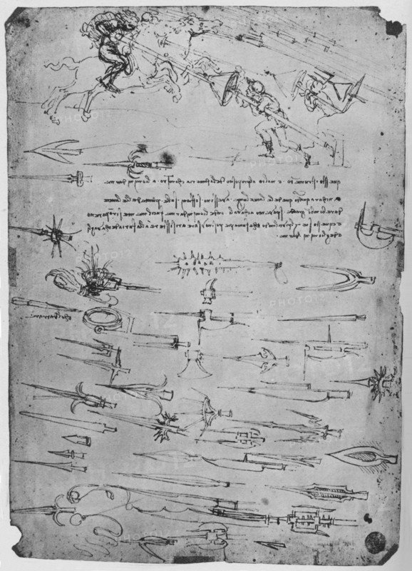 'Studies of Foot-Soldiers Attacking Horsemen with Lances to Which Shields', c1480, (1945) Artist: Leonardo da Vinci.