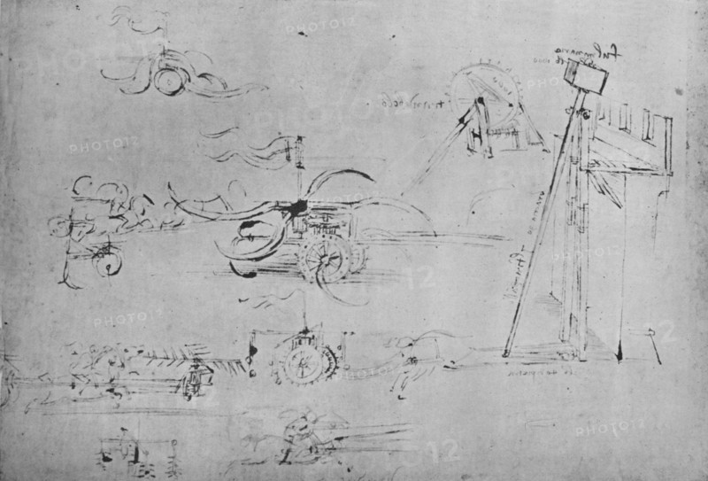 'Chariots Armed with Scythes and Flails and Horseman with Three Lances', c1480, (1945). Artist: Leonardo da Vinci.