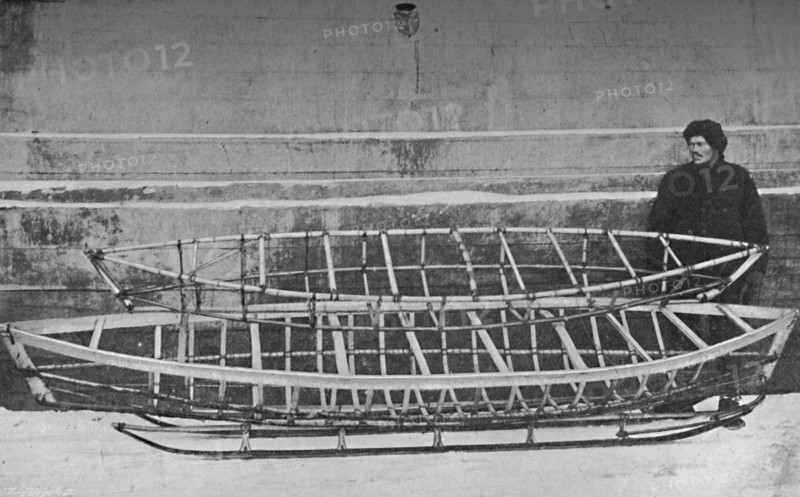 Skeletons o Kayak for One Man (Bamboo), and Double Kayak, lying on a Hand-Sledge', 1894, (1897). Artist: Unknown.