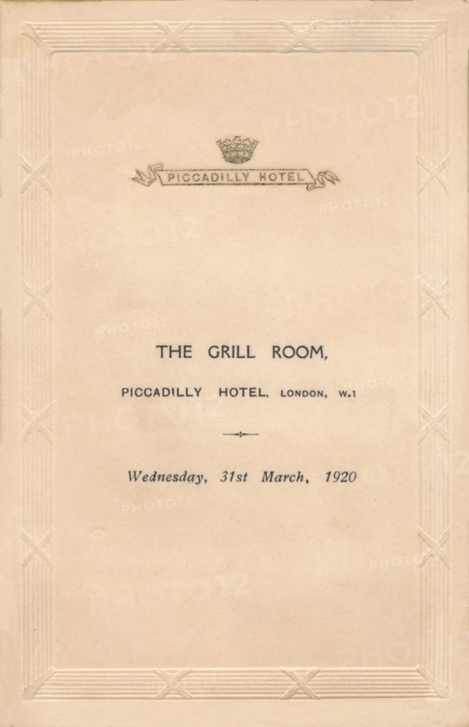 A menu for The Grill Room of the Piccadilly Hotel, London, 1920. Artist: Unknown.