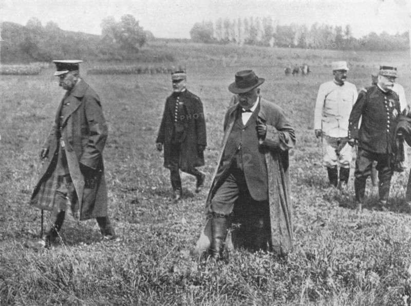 'Lord Kitchener's visit to the front: Lord Kitcheneer, M. Millerand, and General Joffre leaving afte Artist: Unknown.