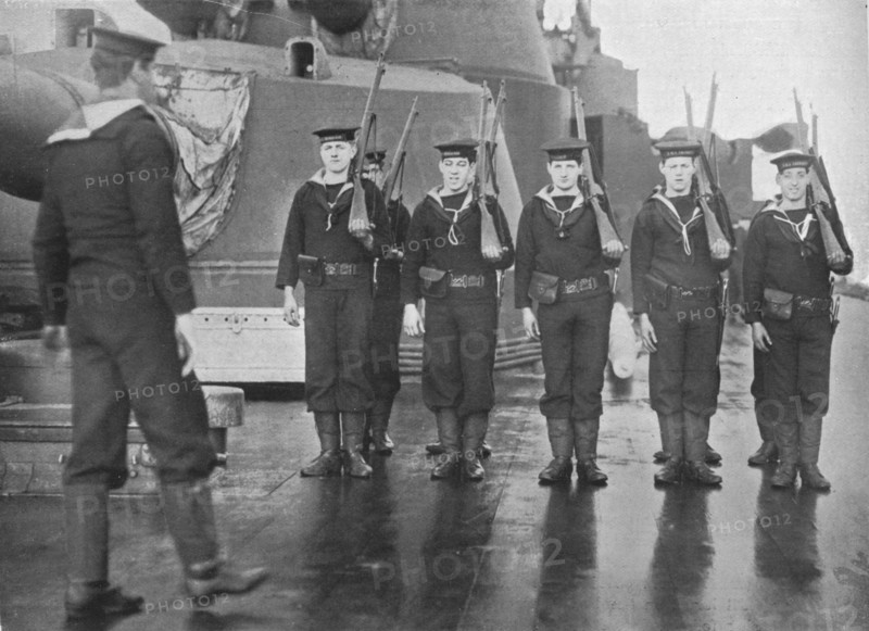 'Rifle drill on board a British battleship', 1915. Artist: Unknown.