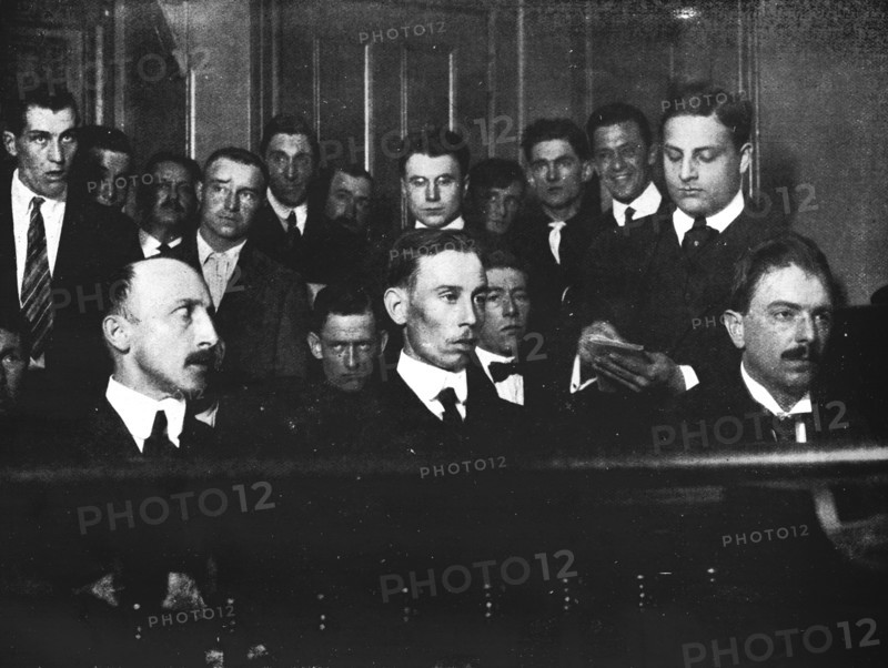 Robert Fay (on the left) and his two accomplices photographed in court ', 1915.  Artist: Unknown.