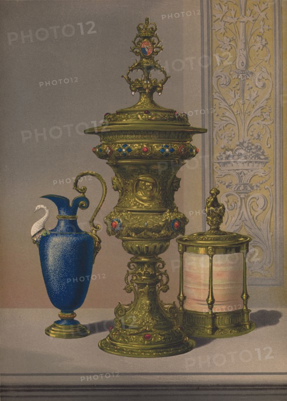 'Silver Gilt & Jewelled Vase, Porcelain Vase, Cigar Casket', 1863. Artist: Robert Dudley.