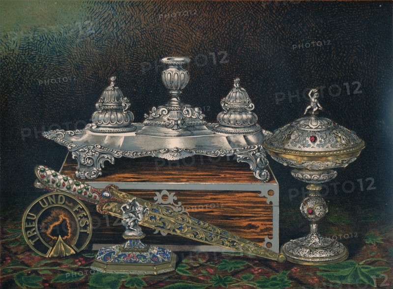 'Inkstand, Paper Weight, Hunting Knife or Dagger, Covered Tazza, Paper Weight', 1863. Artist: Robert Dudley.