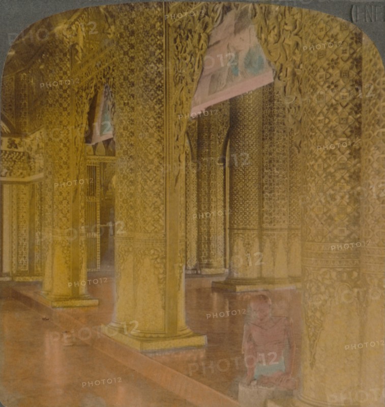 'Buddhist temple interior with costly decorations in gold and colors, Moulmein, Burma', 1907. Artists: Elmer Underwood, Bert Elias Underwood.
