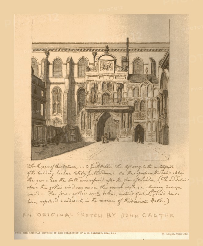 South View of the entrance into the Guildhall, c1669, (1886).  Artist: Unknown.