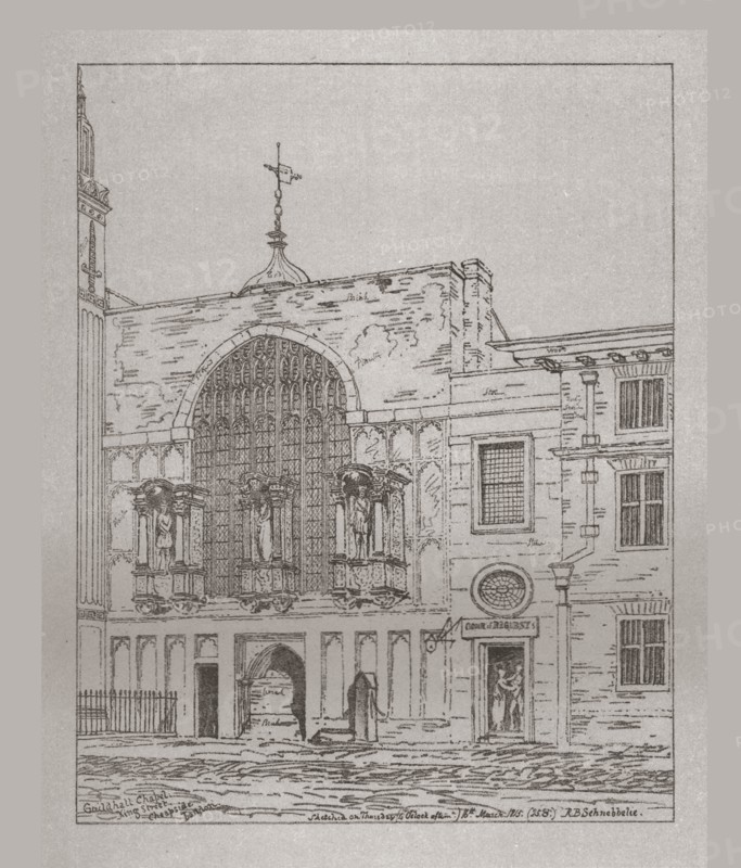 Exterior view of the Guildhall Chapel, 1815, (1886). Artist: Unknown.