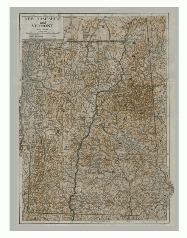 Map of New Hampshire and Vermont, USA, c1900s. Artists: Emery Walker Ltd, Emery Walker.