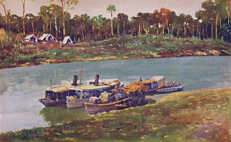 'A Military Encampment on a reach of the Upper Amazon, three thousand miles from the Sea', 1914. Artist: Unknown.