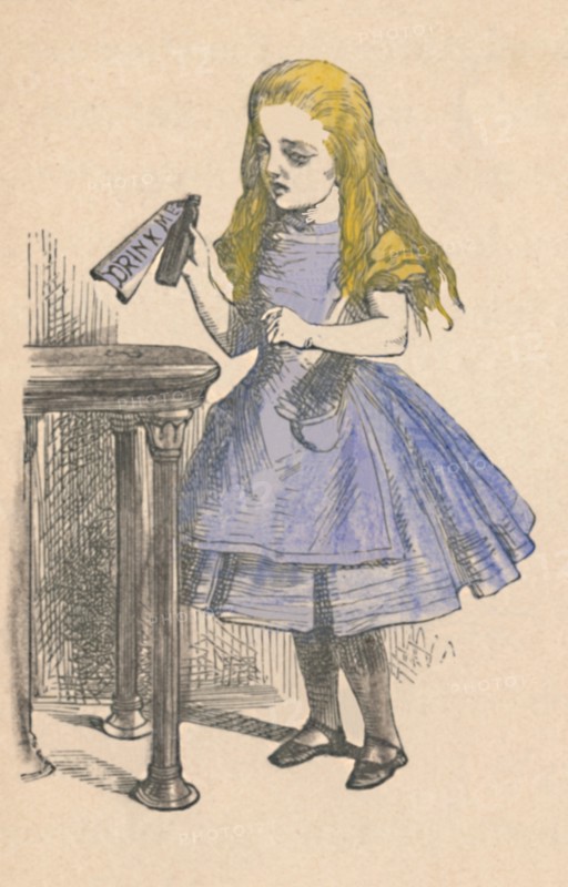 'Alice looking at the bottle with the sign 'drink me''', 1889. Artist: John Tenniel.