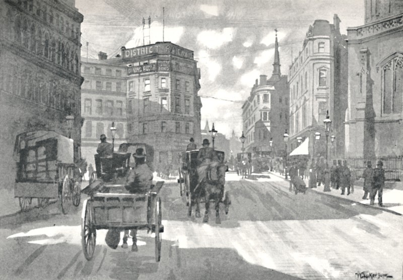 'The Mansion House Station, District Railway Queen Victoria Street', 1891. Creator: William Luker.