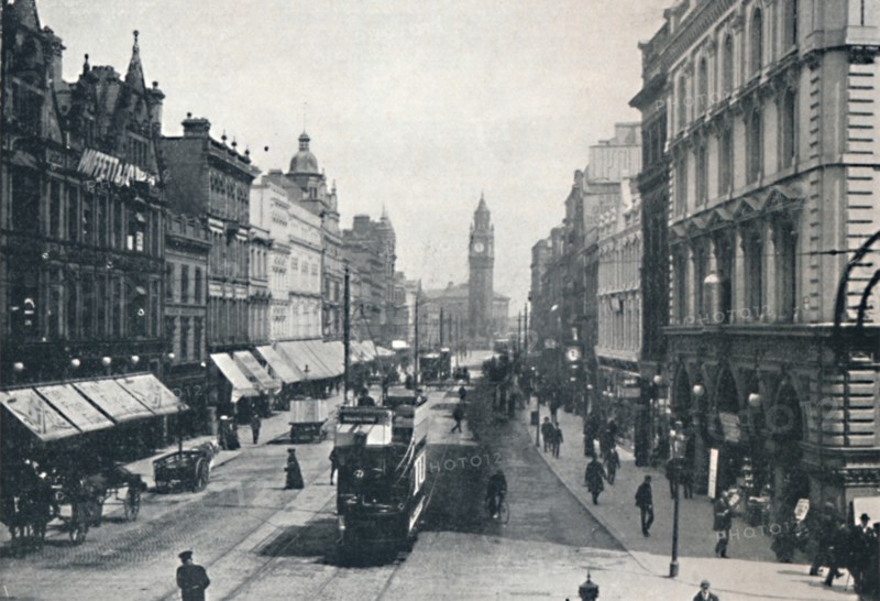'High Street, Belfast, showing the Albert Memorial in the distance', 1917. Artist: Unknown.