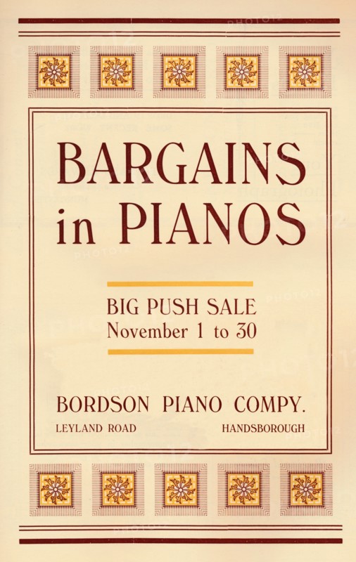 'Bargains in Pianos - Bordson Piano Company's advert', 1916. Artist: Unknown.