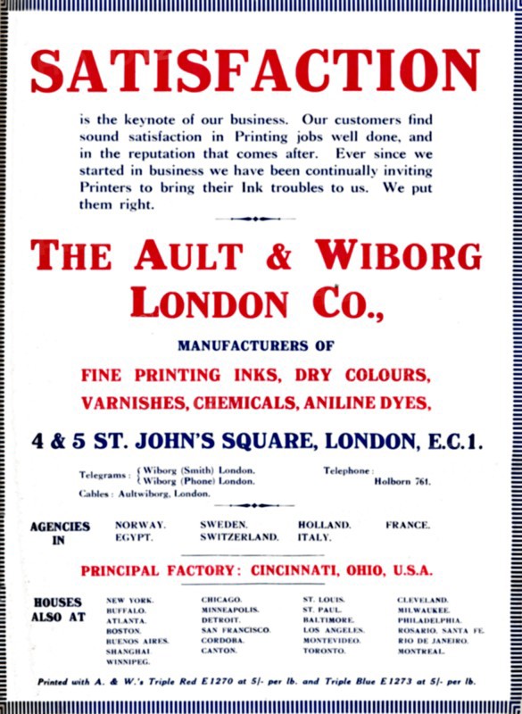 'The Ault & Wiborg London Co. Advert - Satisfaction', 1919. Artist: Ault & Wiborg.