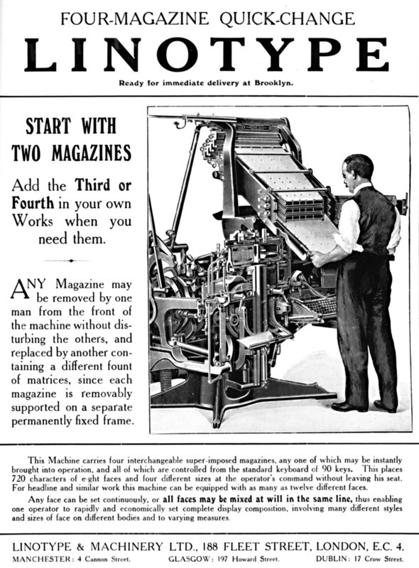 'Linotype & Machinery Ltd. advert', 1919. Artist: Unknown.