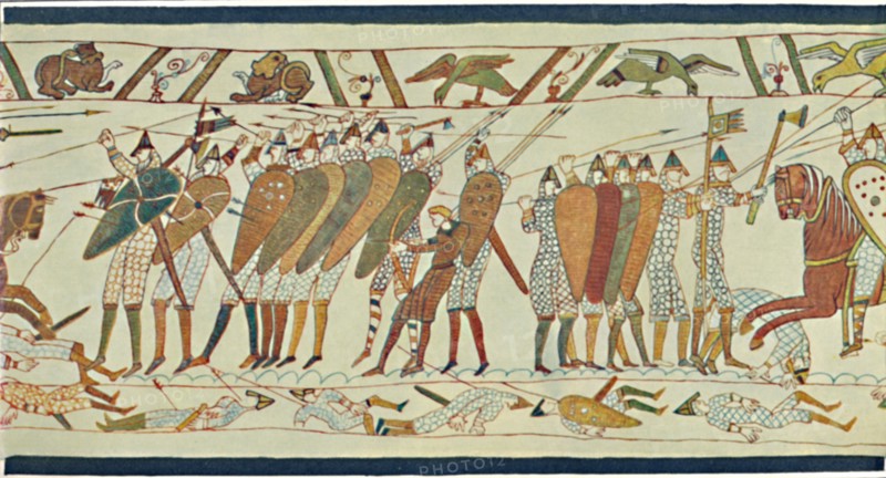 'The Beginning of the Battle of Senlac (Bayeux Tapestry)', c15th century, (1902). Artist: Unknown.