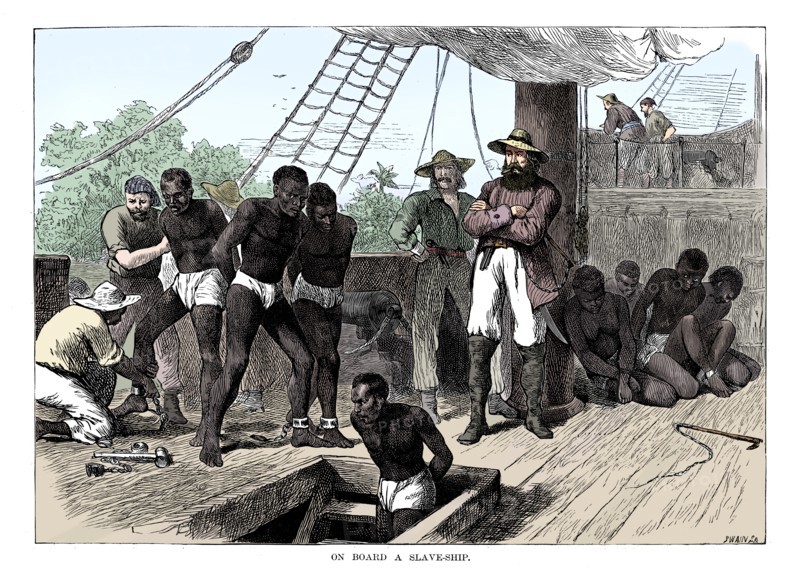 Captives being brought on board a slave ship on the West Coast of Africa (Slave Coast), c1880. Artist: Unknown.
