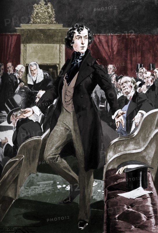Disraeli's first speech in the House of Commons, 19th century (c1905). Artist: Unknown.