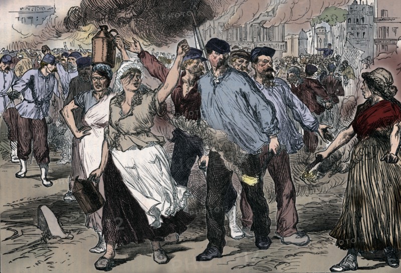 Rioters and petroleuses firing public buildings in Paris during the Paris Commune, 1871 (1906). Artist: Unknown.
