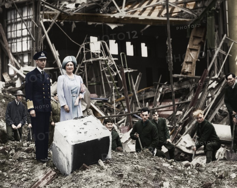 The King and Queen survey bomb damage, Buckingham Palace, London, WWII, 1940. Creator: Unknown.