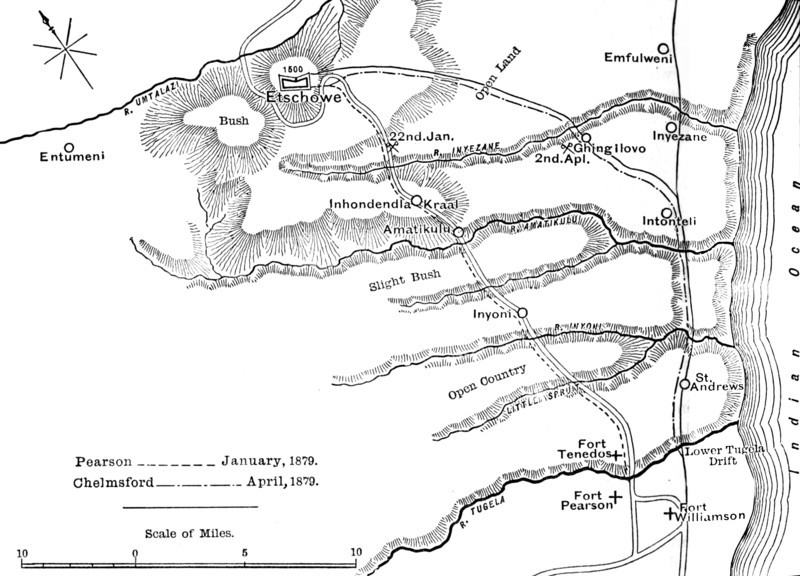 'Plan of the Marches of Pearson (Jan., 1879) and of Chelmsford (April, 1879) to Etschowe', c1880. Artist: Unknown.