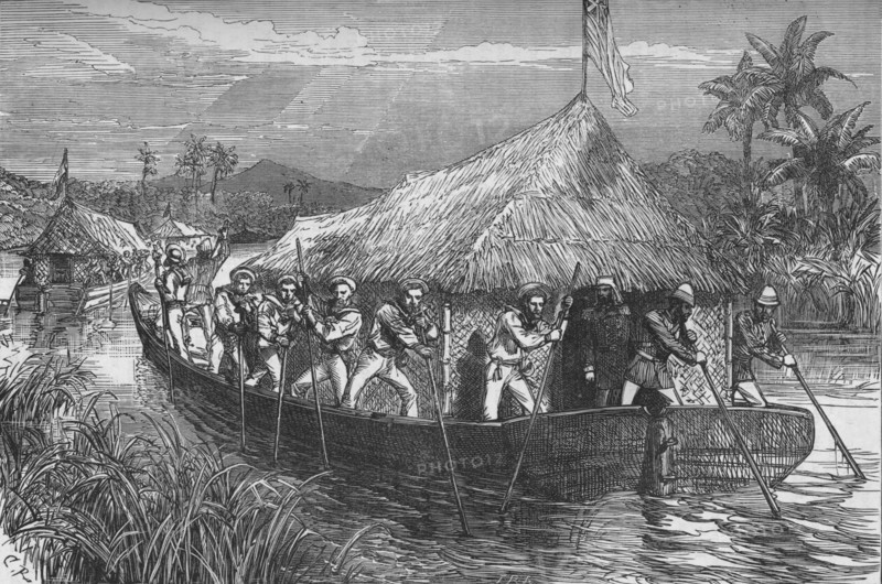 'Blue-Jackets and Marine Poling the British Troops Up The River Perak', c1880. Artist: CR.