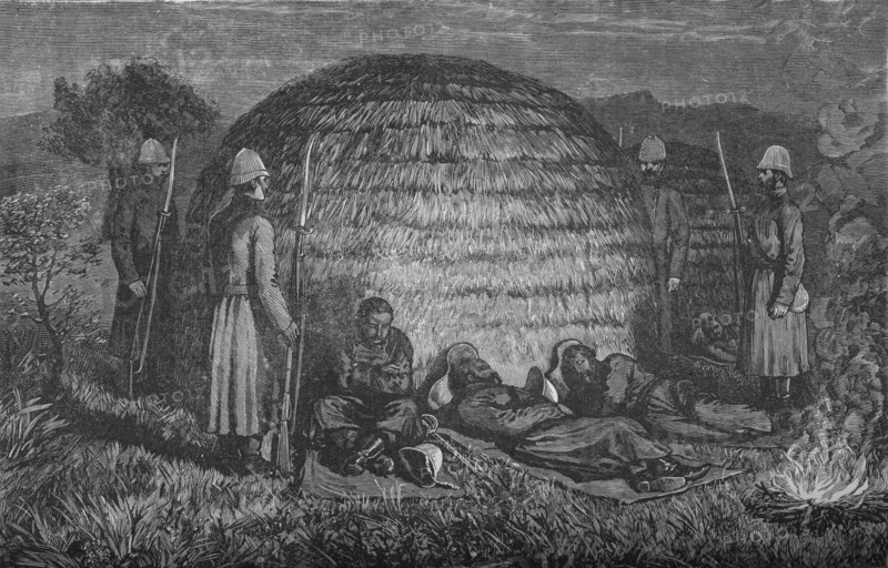 'Major Marter and his men guarding Cetewayo in the native Kraal', c1880. Creator: Unknown.