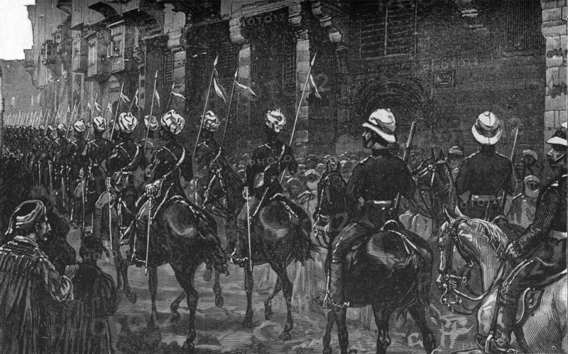 'Cavalry Demonstration in the Arab Quarter, Cairo', c1882-85. Artist: Unknown.