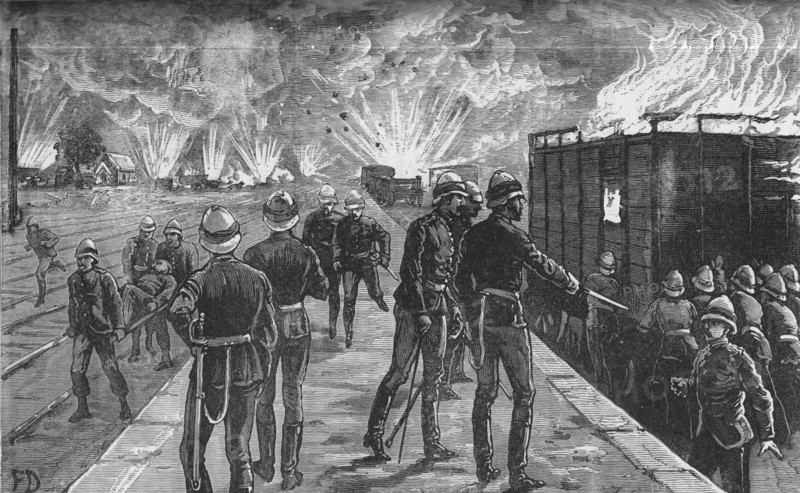 'Explosion at Cairo Railway Station:  Bursting of Shells and Ammunition', c1882-85. Artist: Unknown.
